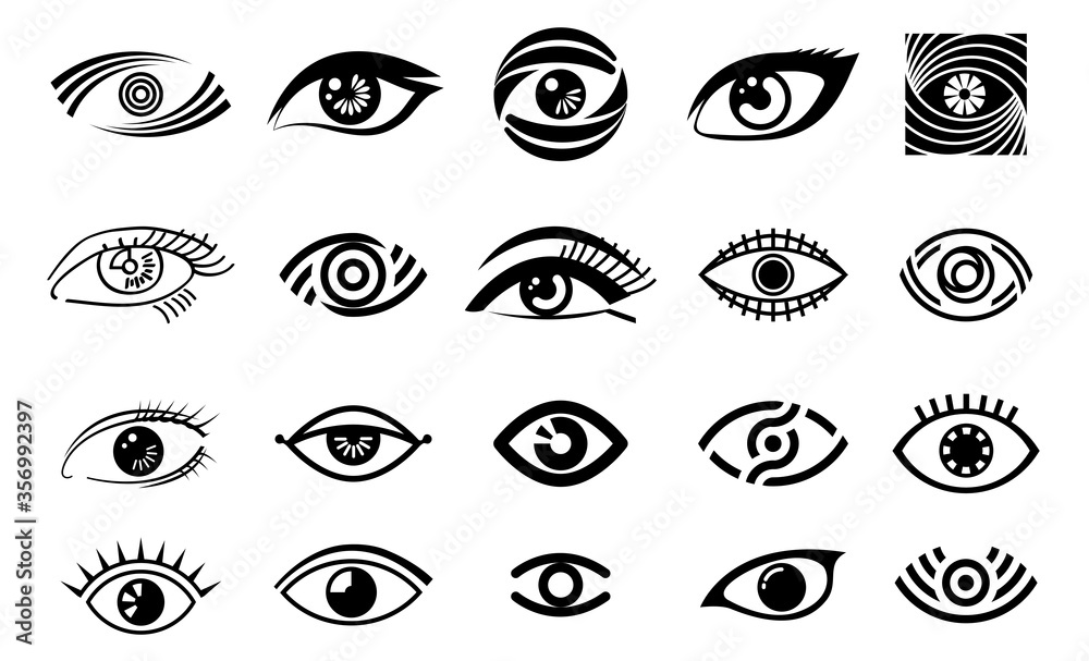  eye illustration, logo set, collection of different style eye, vision logotype in black color, black outline eyes, woman eye,isolated on white background, make up, beauty saloon, - obrazy, fototapety, plakaty 
