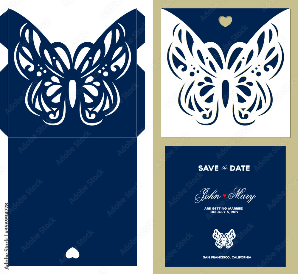 Laser cutting template. Wedding envelope and greeting card with fairy  butterfly and heart for stationery. Openwork silhouette. Paper cutout.  Vector illustration. Stock Vector | Adobe Stock, image size:1000x919