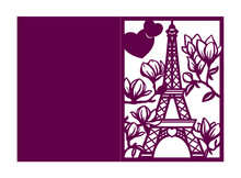 Laser Cutting Romantic Template. Wedding Invitation Or Greeting Card With Paris Eiffel Tower And Blooming Magnolia. Valentines Day  Fold Envelope. I Love Paris Die Cut Silhouette. Vector Illustration.