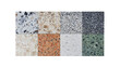 top view of multi-color terrazzo square samples. interior material for  floor covering samples isolated on white background with clipping path.