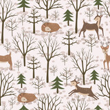 Reindeer forest seamless pattern design, Animals repeat pattern. Nursery art background. Children's fabric pattern design.