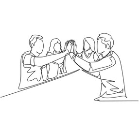 Wall Mural - One line drawing of young businessmen and businesswomen celebrating their successive goal at the business meeting with high five gesture. Business deal concept continuous line draw design illustration