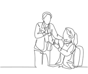 Poster - single line drawing of young happy couple celebrate their success while the woman talking on the pho