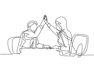 Poster - one line drawing of young happy businessman and businesswomen celebrating their successive goal at t