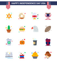 USA Independence Day Flat Set Of 16 USA Pictograms Of Cactus; Star; Casino; Movies; Chair