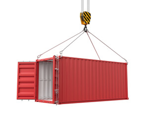 Poster - 3d rendering of crane lifting open empty red shipping container isolated on white background