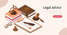 Lawyer Office Workplace With Signed Legal Contract, Judge Gavel, Scales Of Justice And Legal Books. Law And Justice Concept. Flat Isometric Vector Illustration.