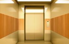 Empty Golden Elevator Cabin With Closed Doors Inside View. Vector Realistic Luxury Interior Of Passenger Lift With Buttons Panel And Digital Display With Number Of Floor In House, Hotel Or Office