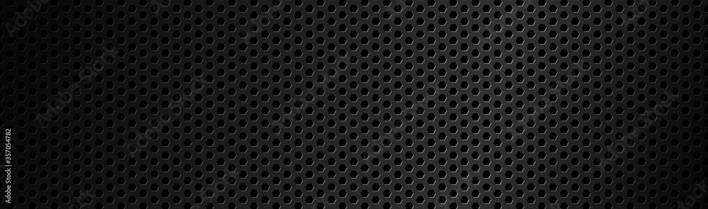 Abstract dark black geometric hexagonal mesh material header. Technology banner with blank space for your logo. Vector abstract widescreen background - obrazy, fototapety, plakaty 