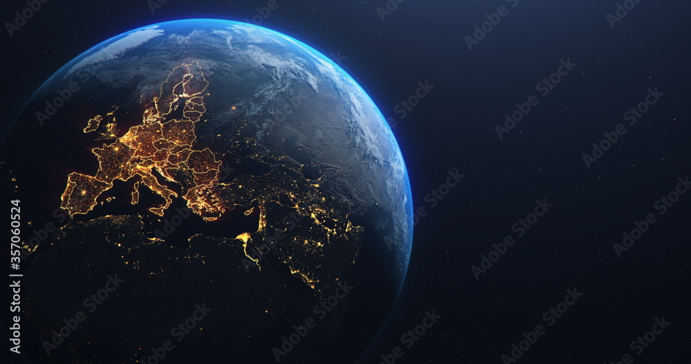 Planet Earth from Space European Union Countries highlighted orange glow, 2020 political borders and counties, city lights, 3d illustration, elements of this image courtesy of NASA - obrazy, fototapety, plakaty 