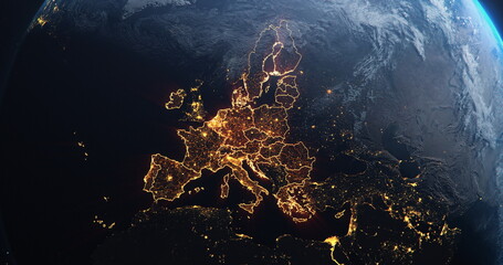 Wall Mural - planet earth from space european union countries highlighted orange glow, 2020 political borders and