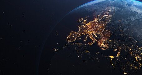 Wall Mural - planet earth from space european union countries highlighted orange glow, 2020 political borders and