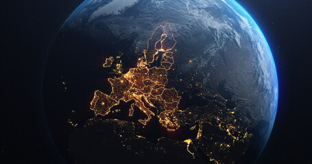 Wall Mural - planet earth from space european union countries highlighted orange glow, 2020 post brexit political