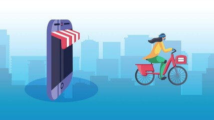 Canvas Print - delivery service worker in bicycle and smartphone animation