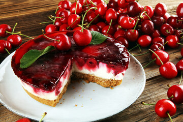 Wall Mural - Home made cherry cake with vanilla, cream cheese and a bunch of black cherries
