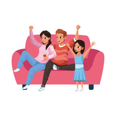 Canvas Print - young parents with little daughter in sofa characters