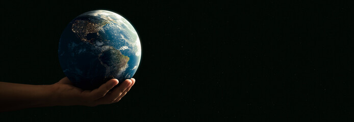 panoramic - man with the world with his hands on black background - elements of this image furnished