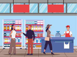 Wall Mural - young couple shopping groceries activity characters