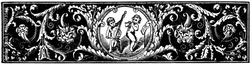 Fotomural Abstract floral ornament with angels (cupids) playing the cello and flute