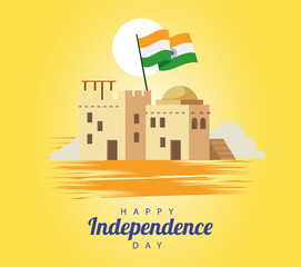 Poster - india happy independence day celebration card with mosque and flag