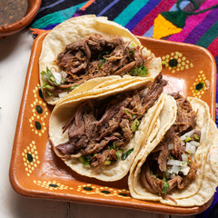 Mexican slow cooked lamb tacos also called barbacoa on white background