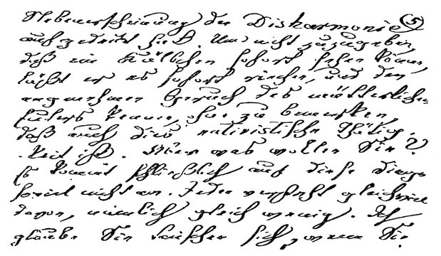 A sample of the printed text in the style of writing of quill pen. Illustration of the 19th century. White background.