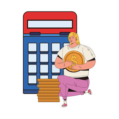 Sticker - woman with coins money dollars and calcualtor