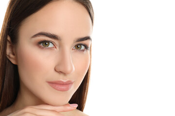 Wall Mural - Portrait of young woman with beautiful face on white background