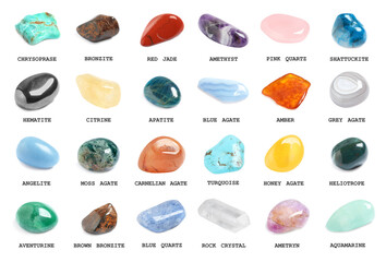 Wall Mural - Collection of different gemstones on white background