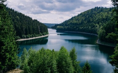 river surrounded by forests under a cloudy sky in thuringia in germany - great for natural concepts