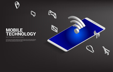 Poster - 3D wi-fi and mobile phone with functional icon. Concept for data transfer of mobile and wi-fi data network.