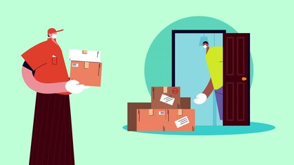 Wall Mural - delivery service worker with boxes in door animation