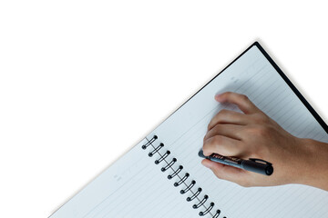 hand with pen and notebook  isolated on white background