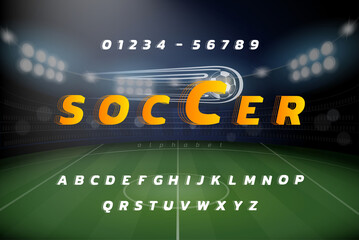 Leinwandbilder - Sports theme Alphabet font set with  numbers on soccer stadium background