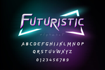 Leinwandbilder - Alphabet font set with  numbers on dark futuristic cyberpunk background