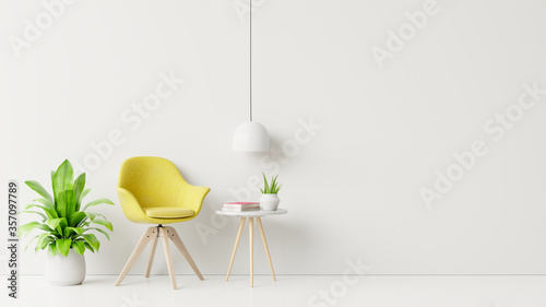 Fotografía Living room with wooden table, lamps and yellow armchair.