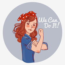 Cute Girl Dressed As The Iconic Rosie The Riveter. We Can Do It. Iconic Woman's Fist/symbol Of Female Power And Industry