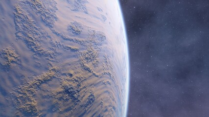 beautiful alien planet in far space, realistic exoplanet, planet suitable for colonization, planet similar to Earth, detailed planet surface 3D render