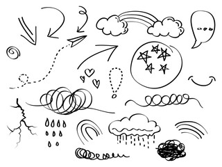 Poster - hand drawn set of abstract comic doodle elements. use for concept design. isolated on white background. vector illustration