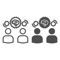 Poster - Two men share knowledge line and solid icon, business concept, Knowledge or ideas sharing between two people sign on white background, two men exchanging thoughts icon outline style. Vector graphics.