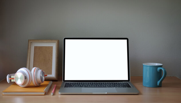 Workspace desk and laptop. copy space and blank screen. Business image, Blank screen laptop and supplies.