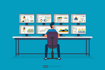 Poster - businessman sitting and monitoring stock market on screen PC. database information graph in data center room. analysis report statistics, investment, website SEO monitor on table