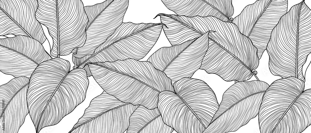Hand drawn  leaves line arts ink drawing background, Abstract leaf vector pattern, Tropical leaves design for fabric, Wrapping paper and prints, Vector illustration. - obrazy, fototapety, plakaty 