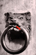 An iron lion head with a big ring in the mouth and a red padlock, black and white 