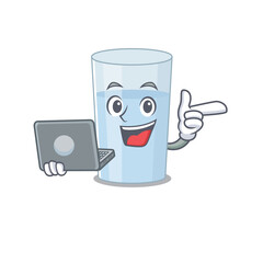 Sticker - Smart cartoon character of glass of water studying at home with a laptop