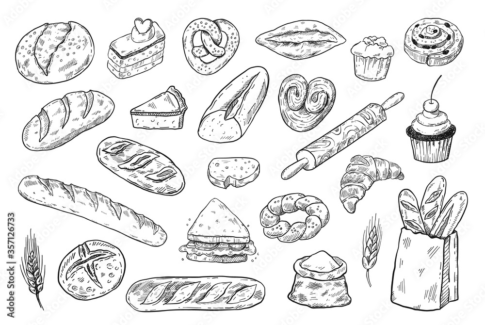 Bakery sketch set, hand drawn food illustration, doodle vector bread ...