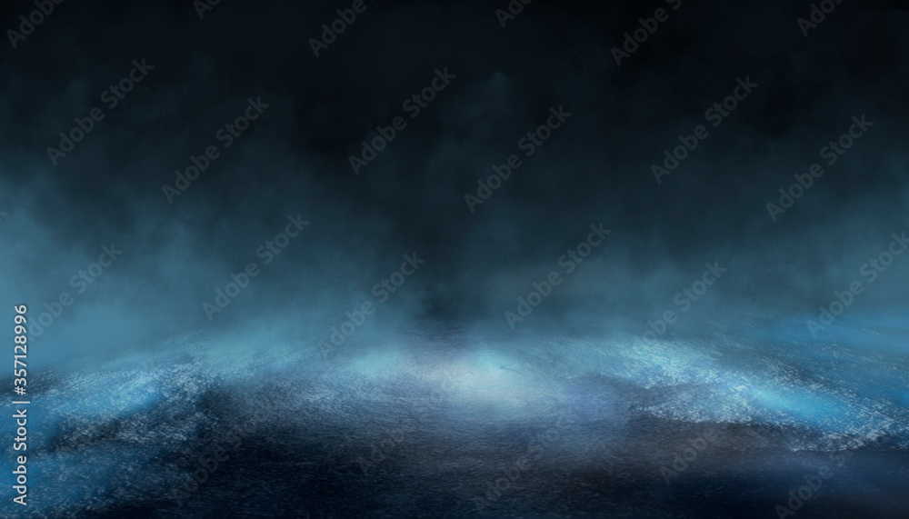 Dark dramatic abstract scene background. Neon glow reflected on the pavement. Smoke, smog and fog. Dark street, wet asphalt, reflections of rays in the water. Abstract dark blue background.  - obrazy, fototapety, plakaty 