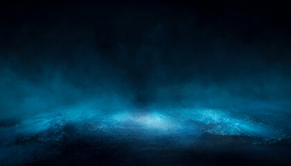 Dark dramatic abstract scene background. Neon glow reflected on the pavement. Smoke, smog and fog. Dark street, wet asphalt, reflections of rays in the water. Abstract dark blue background. 