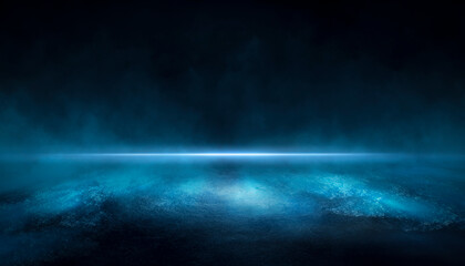 Dark dramatic abstract scene background. Neon glow reflected on the pavement. Smoke, smog and fog. Dark street, wet asphalt, reflections of rays in the water. Abstract dark blue background. 