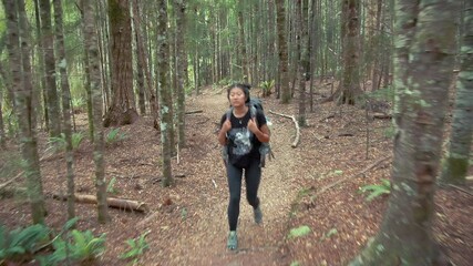 asian woman hiking in the forest on the lake waikaremoana great walk, new zealand